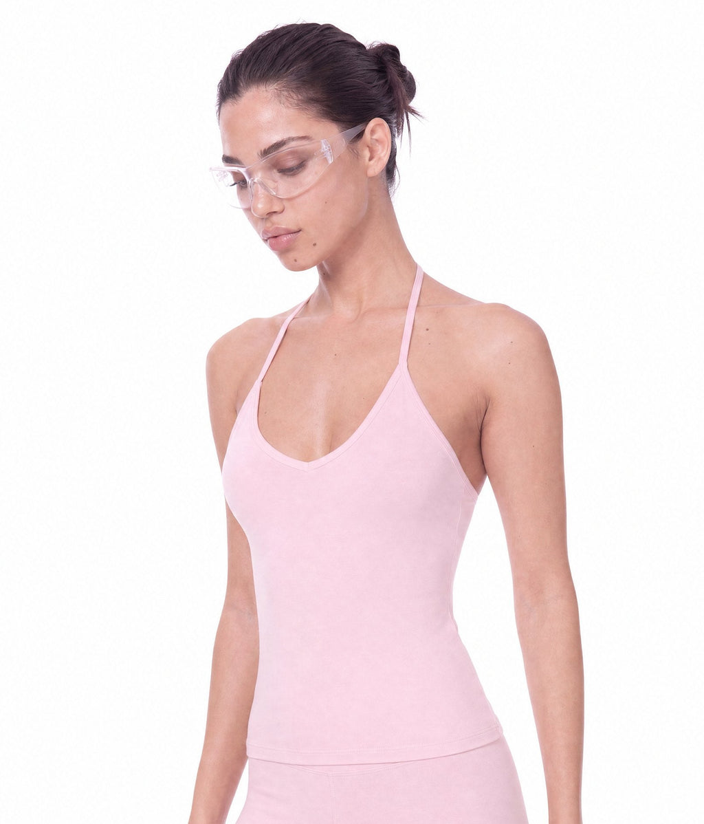 YSLA Soft Sculpt Halter Top in Petal Pink, three-quarter view