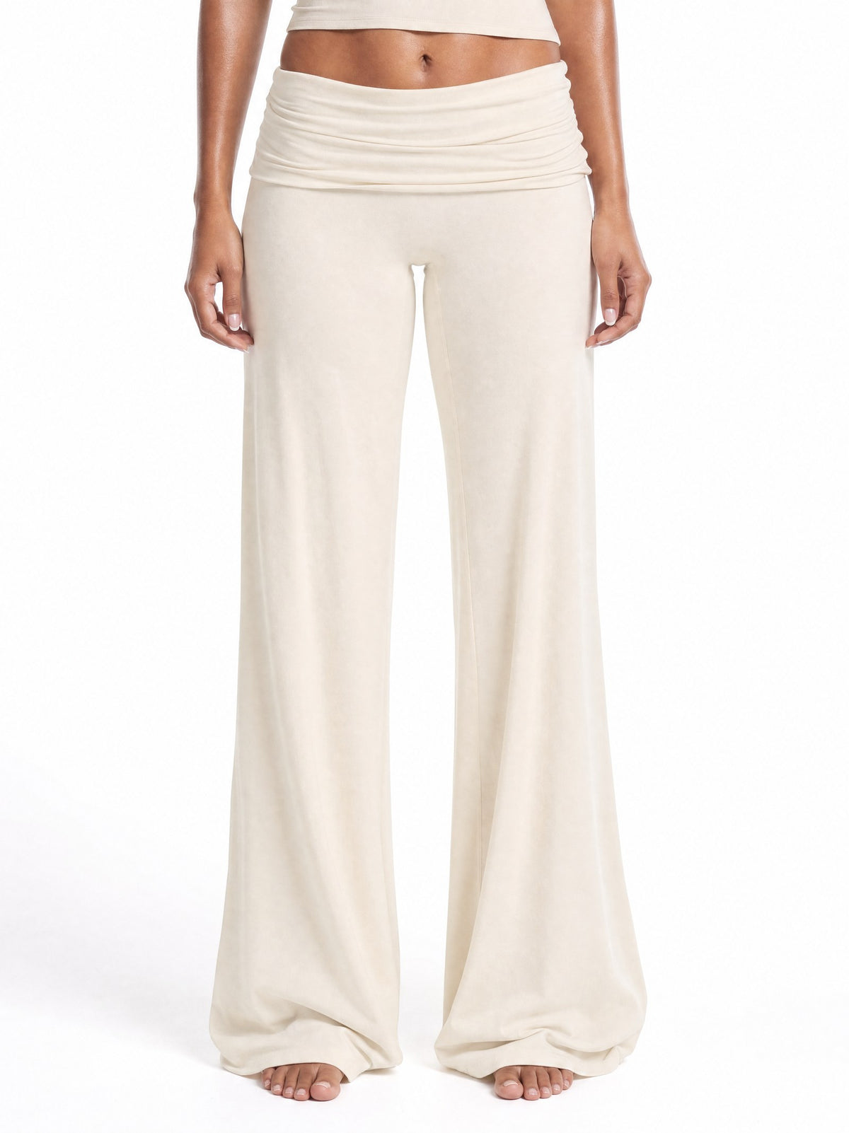 Soft Sculpt Foldover Wide Leg Bottoms in Cream, front