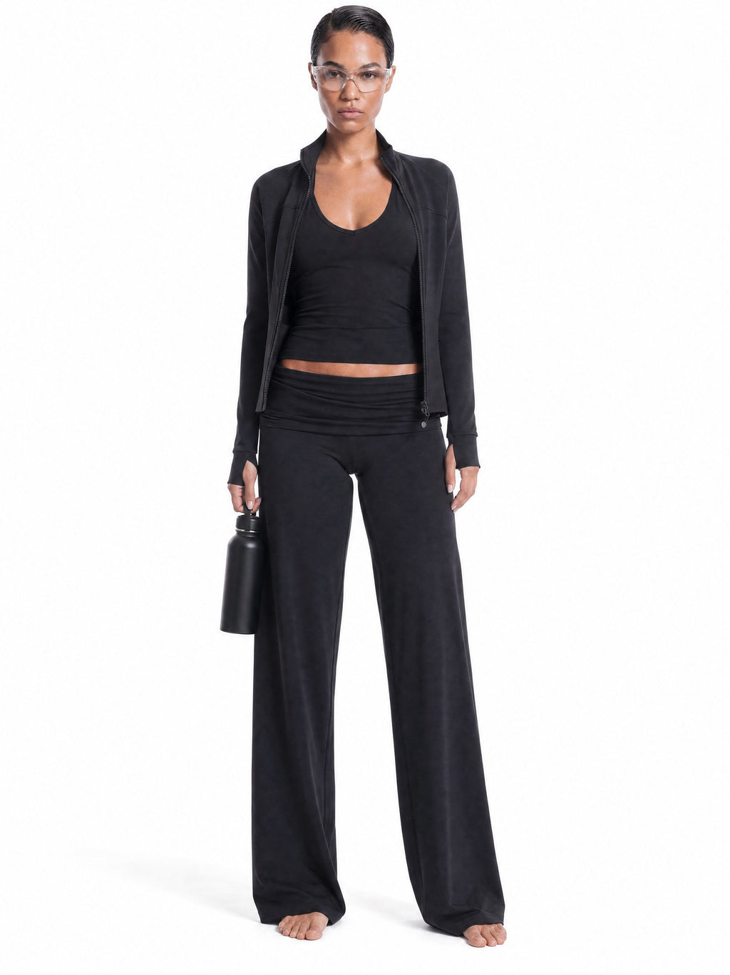 Soft Sculpt Foldover Wide Leg Bottoms in Onyx, full look
