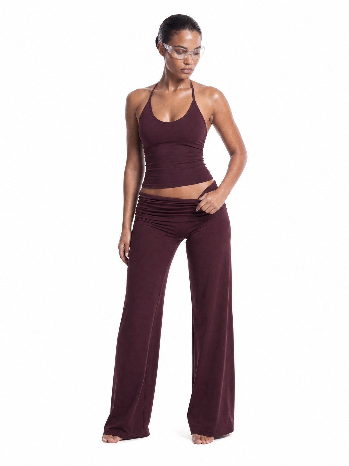 Soft Sculpt Foldover Wide Leg Bottoms in Oxblood with the halter top