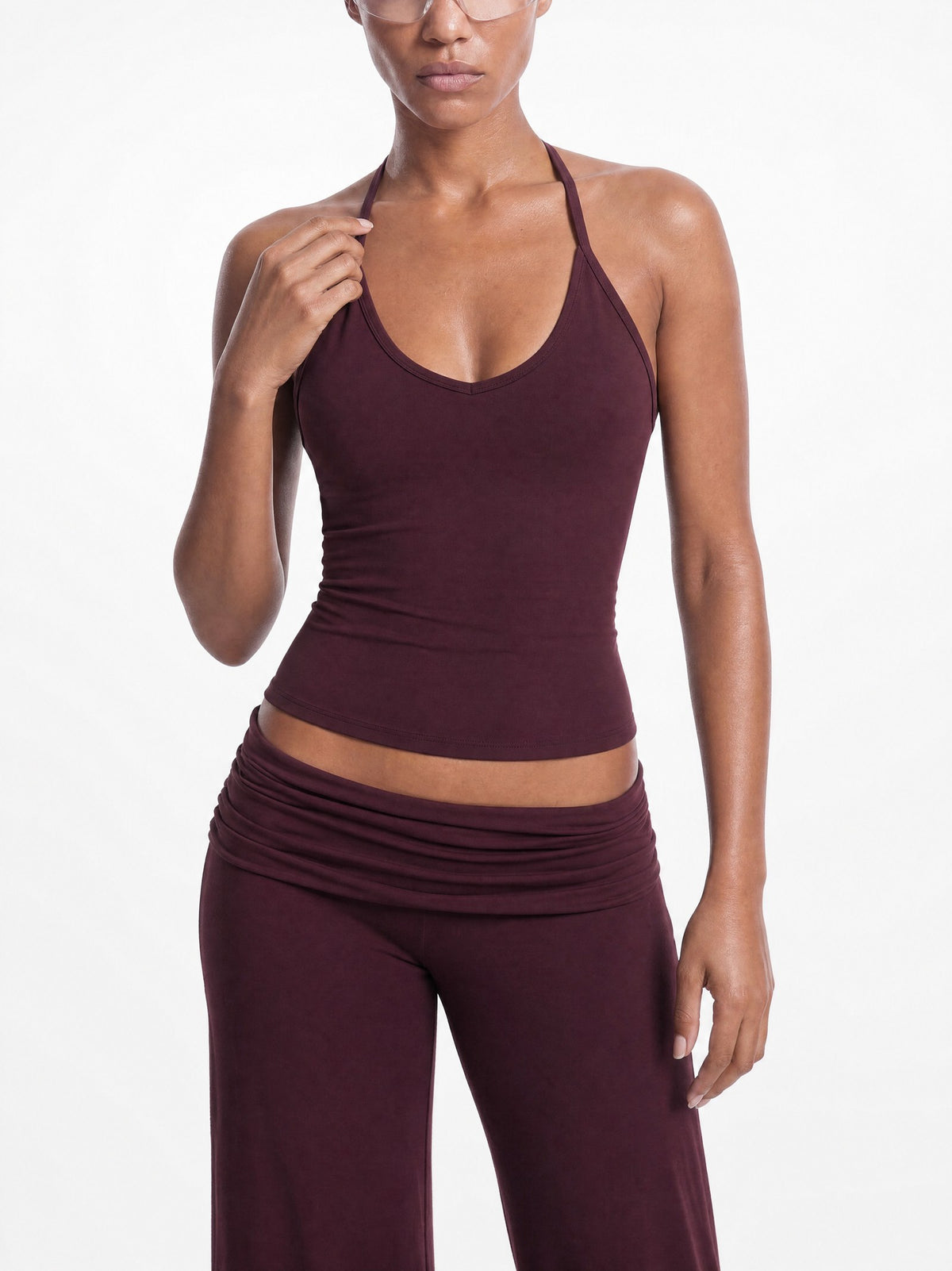 YSLA Soft Sculpt Halter Top in Oxblood, front view