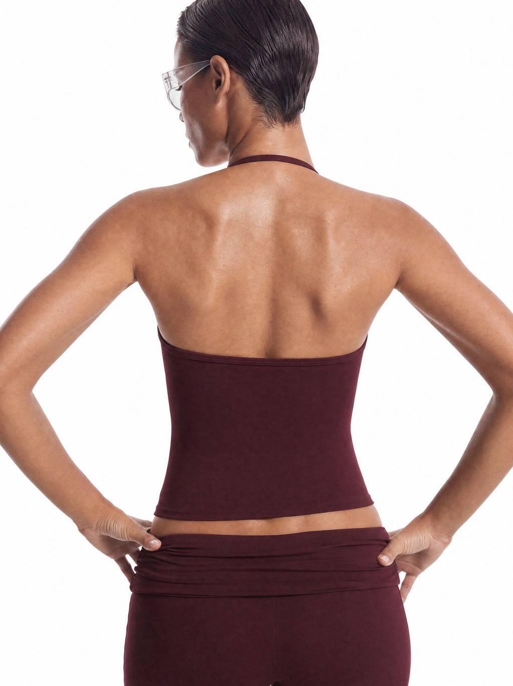 YSLA Soft Sculpt Halter Top in Oxblood, back view