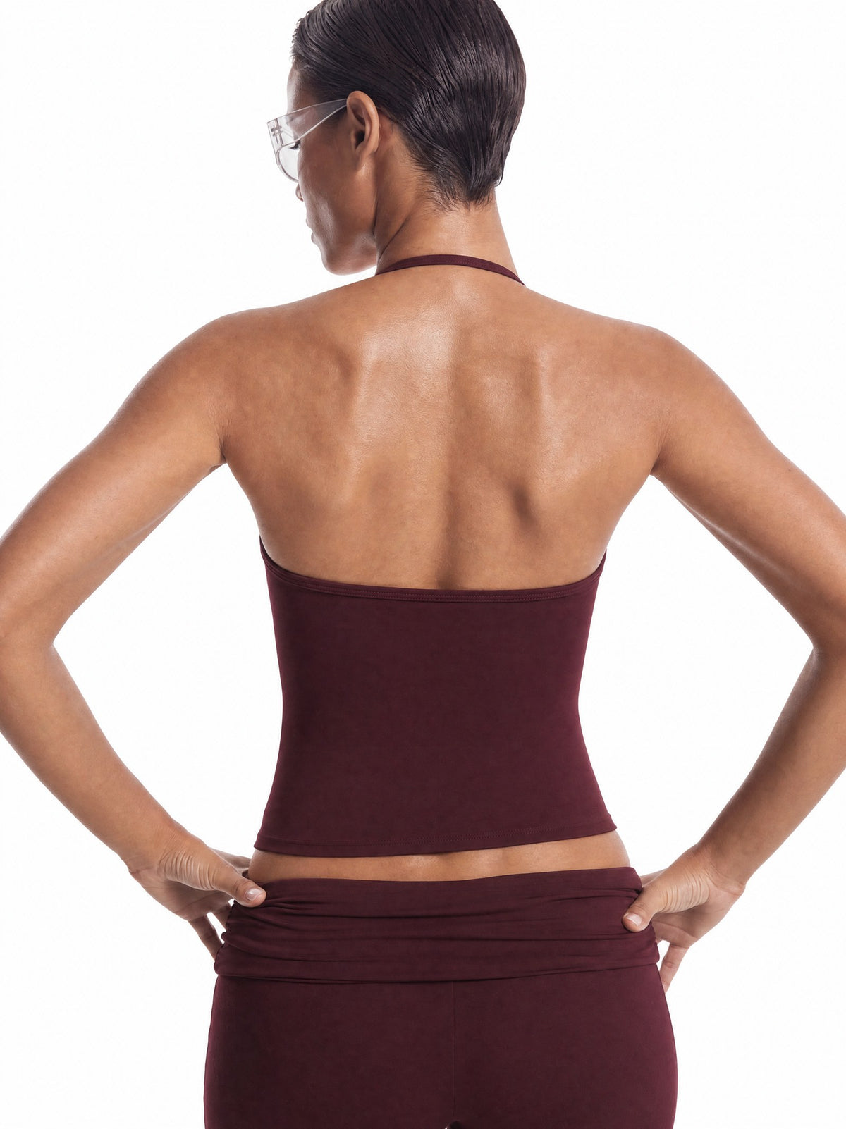YSLA Soft Sculpt Halter Top in Oxblood, back view