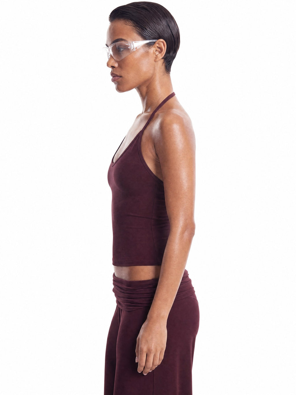 YSLA Soft Sculpt Halter Top in Oxblood, side view
