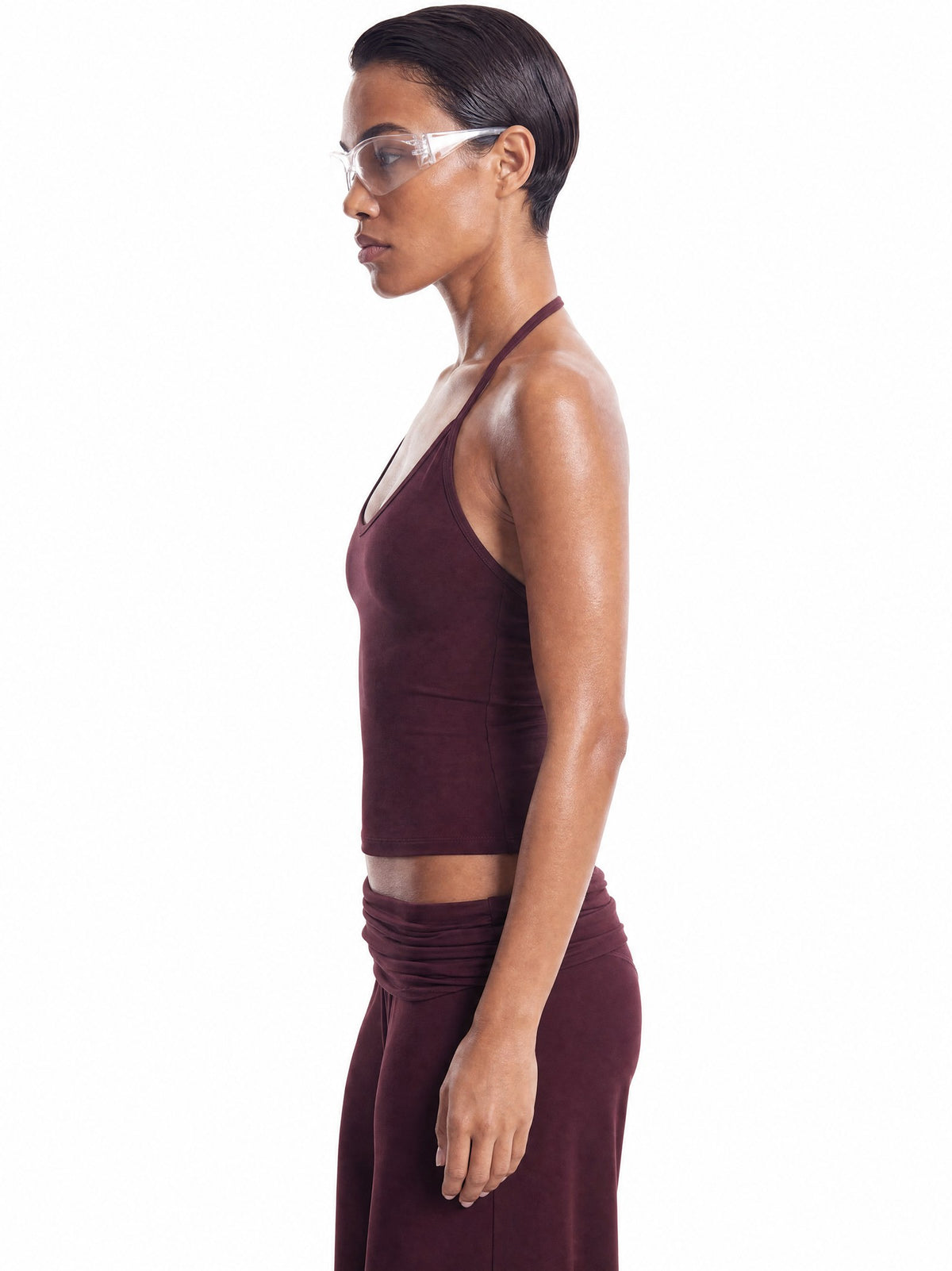 YSLA Soft Sculpt Halter Top in Oxblood, side view